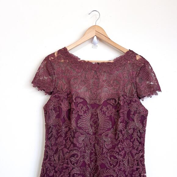 Tadashi Shoji Lace Dress Size 14 Brown Feminine Romantic Gala Sheath Midi Dainty - Picture 5 of 12